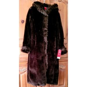 EXCELLED COLLECTION Full-length, Hooded Brown Faux Fur Coat-New w/Tag-Sz Sm
